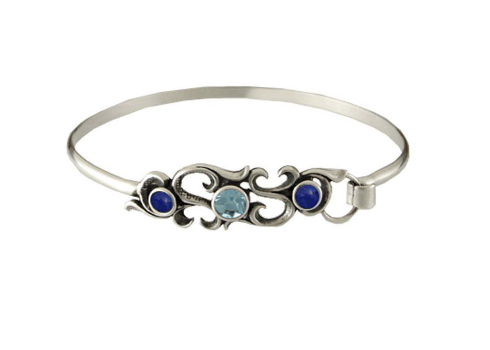 Sterling Silver Filigree Strap Latch Spring Hook Bangle Bracelet With Blue Topaz And Lapis Lazuli